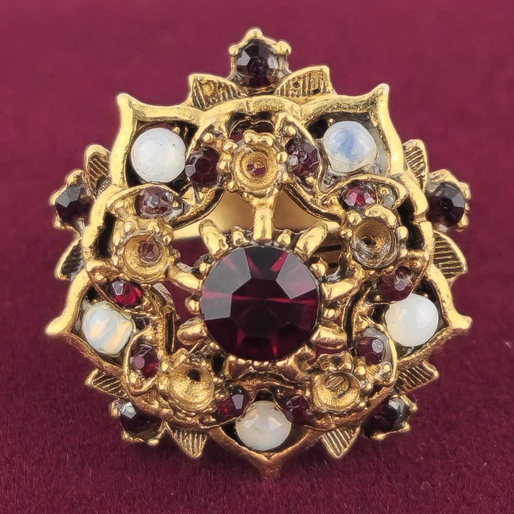 Vintage‎ Florenza Ring Faux Opal Garnet Red Rhinestone Gold Tone Signed READ